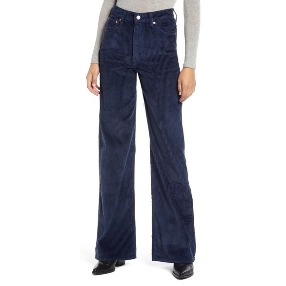 Levi's Pants - Levis Pants Womens Size 25 Navy Blue Ribcage Wide Leg Corduroy High Rise‎ Boho